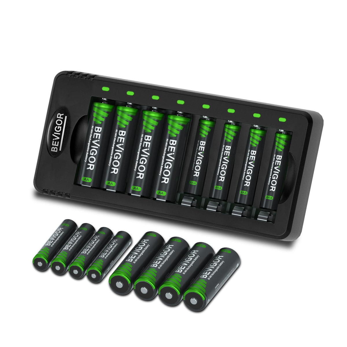 BEVIGOR 8 Pcs 2800mAh AA Rechargeable Batteries with 8 Slot LED Smart Battery Charger Set, Type C Fast Charging for Ni-MH/Ni-CD Rechargeable Batteries