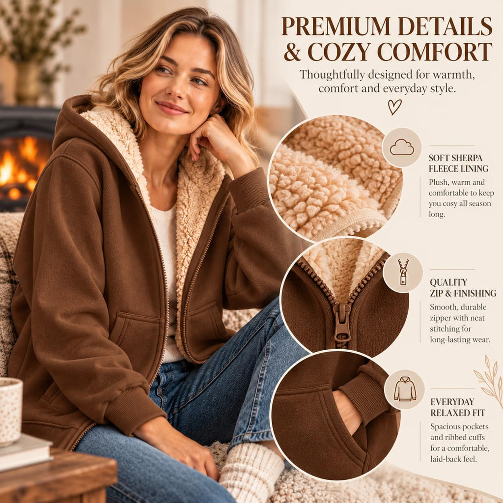 Fleece Jacket Women Teddy Fleece Hoodies Sherpa Lined Fuzzy Sweatshirts with Pockets Full Zip Hooded Fall Winter Warm Coat Outwear Thermal Clothing