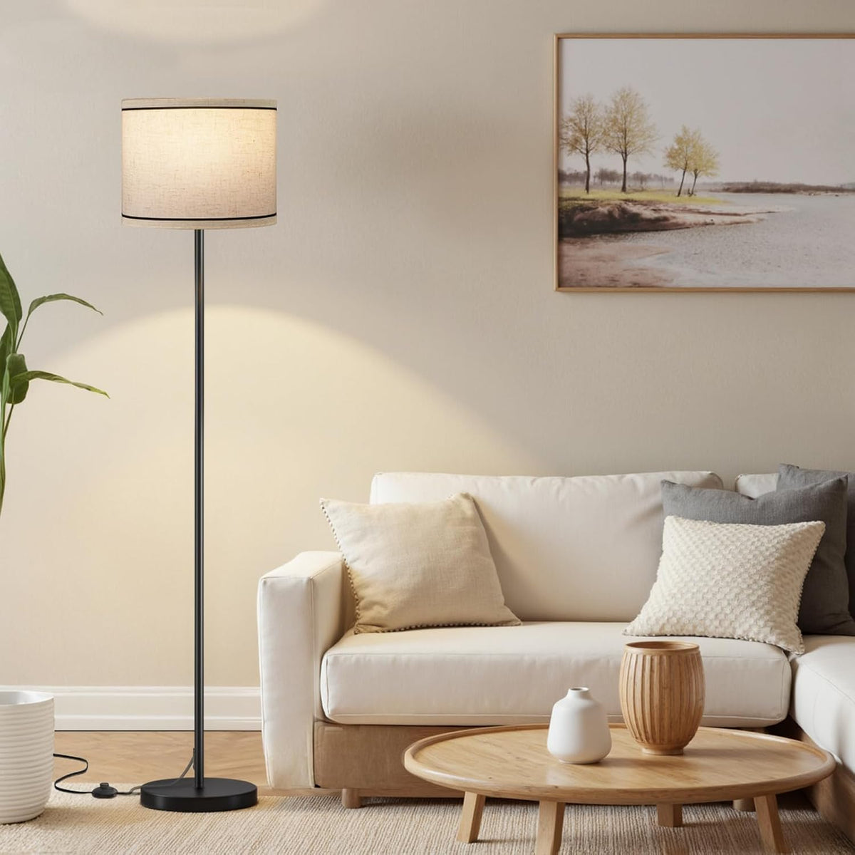 Ambimall Floor Lamp for Living Room with Smart Light Bulb, RGB + Stepless Dimmable Colors Temperature & Brightness(White Shade & Black Pole)