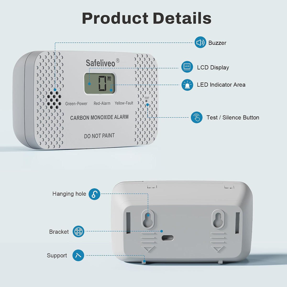 Safeliveo Carbon Monoxide Detector with Replaceable Battery, White, 2Pack