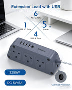 Extension Lead with USB Slots, 6 Way Outlets 5 USB (5A, 3 USB- C Port),1.6M
