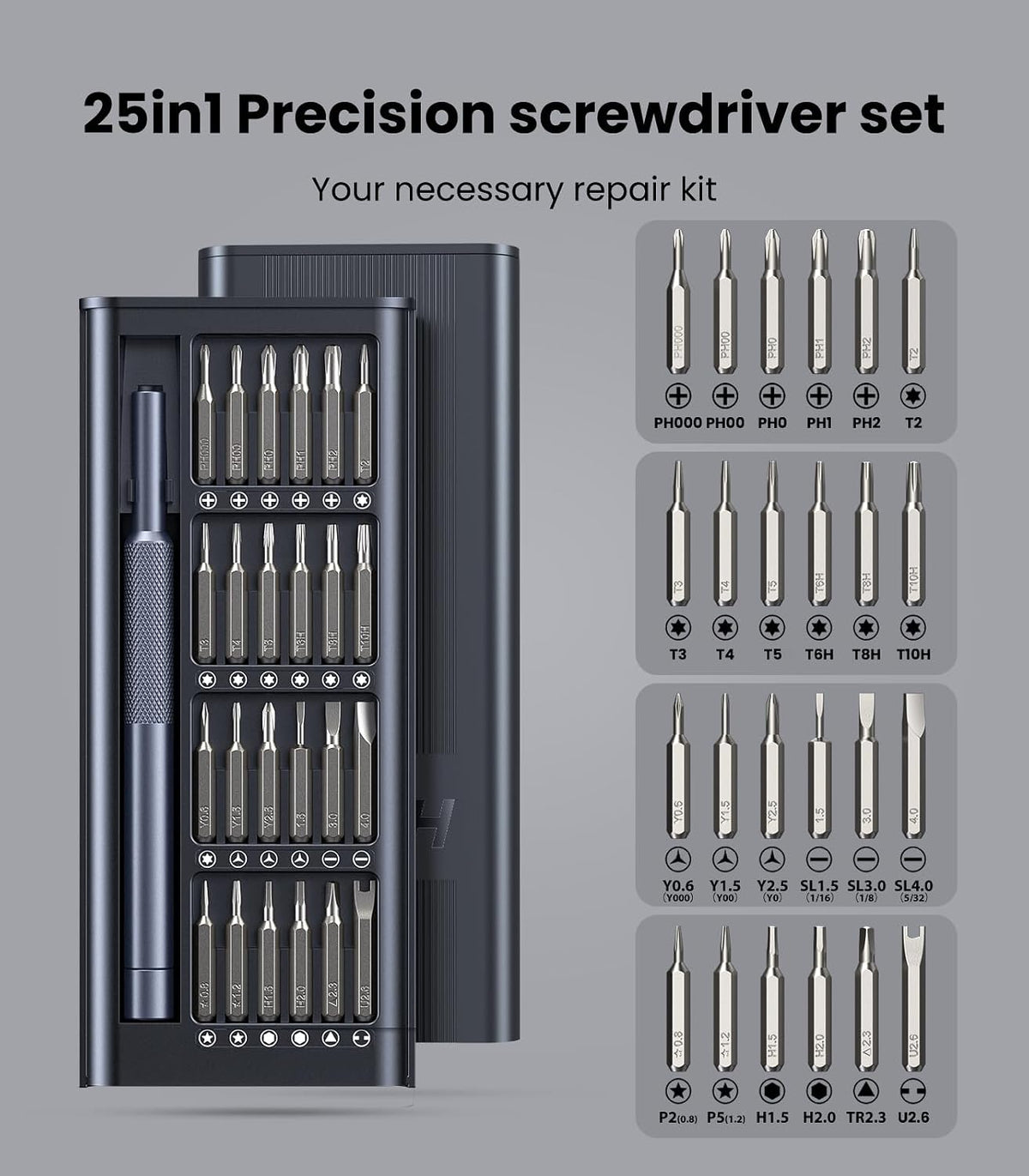 AXTH 25-in-1 Small Precision Screwdriver Set, Professional Magnetic Mini Repair Tool Kit for Phone, Computer, Watch, Laptop, Macbook, Ring Doorbell, Eyeglass, Electronic, [Bearing Steel] Screw Driver
