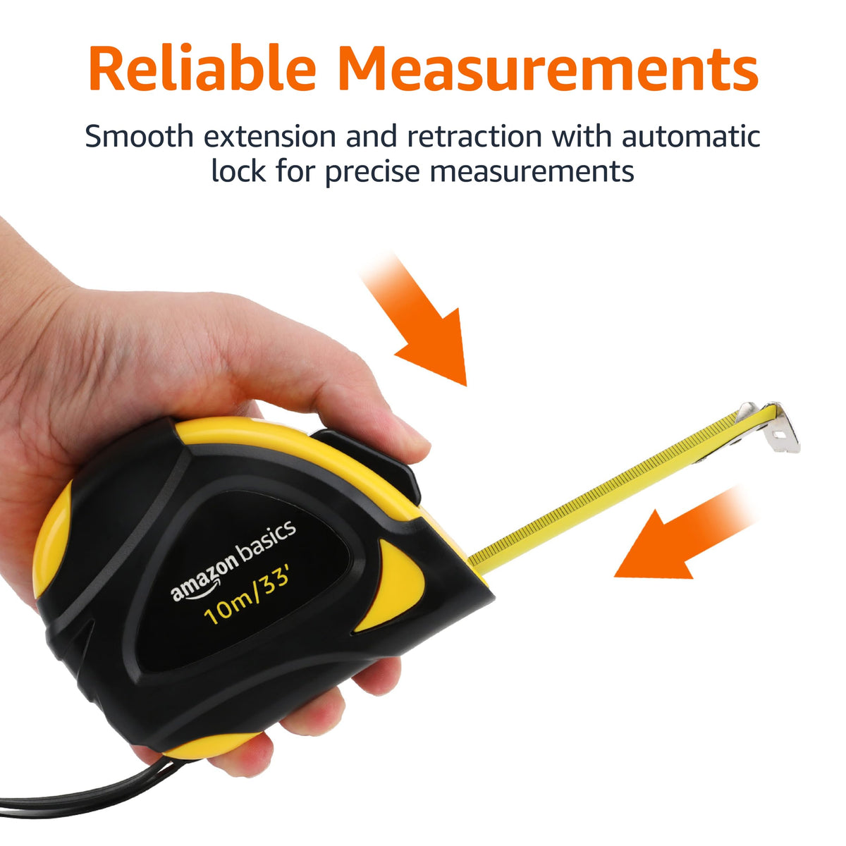 Amazon Basics Self-Locking Tape Measure with Metric Scale, MID Accuracy, 5 m (1-Pack), Black, Yellow
