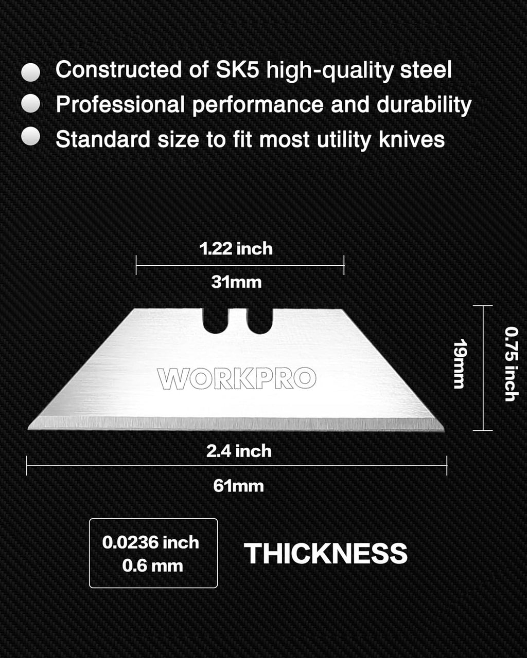 WORKPRO Utility Knife Blades, 100-Pack SK5 Steel Blades with Dispenser