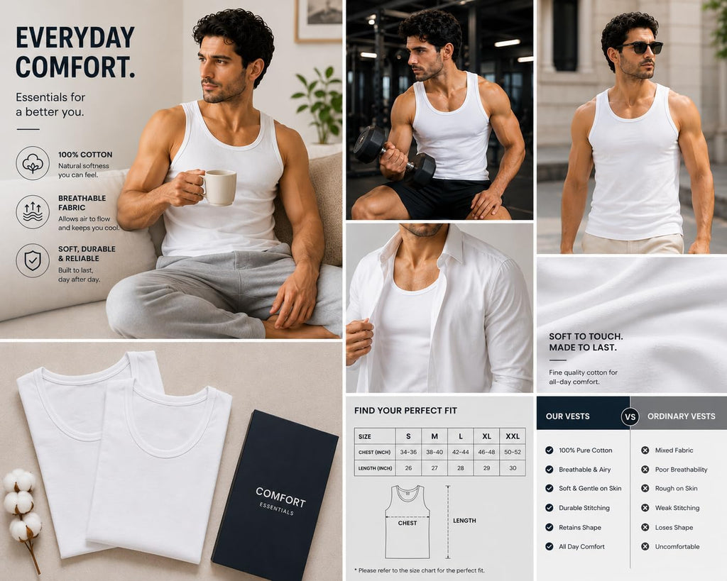 ITRAT Men's Cotton Vests Tank Tops Slim Fit Summer Top Breathable Sleeveless Shirt, Easy Fit Athletic Wear for Workout, Everyday Use and Training Activities (Pack 1, White, XL)