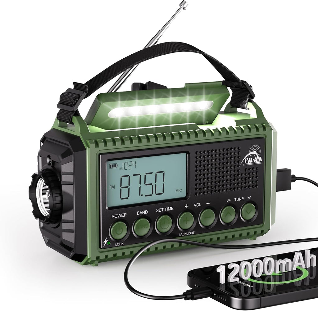 Mesqool Portable Wind Up Hand Crank and Solar Powered Radio with USB Phone Charger, Emergency Radio with SOS Alarm and Flashlight, AM/FM/SW Radio with 12000mAh Rechargeable Battery for Outdoor
