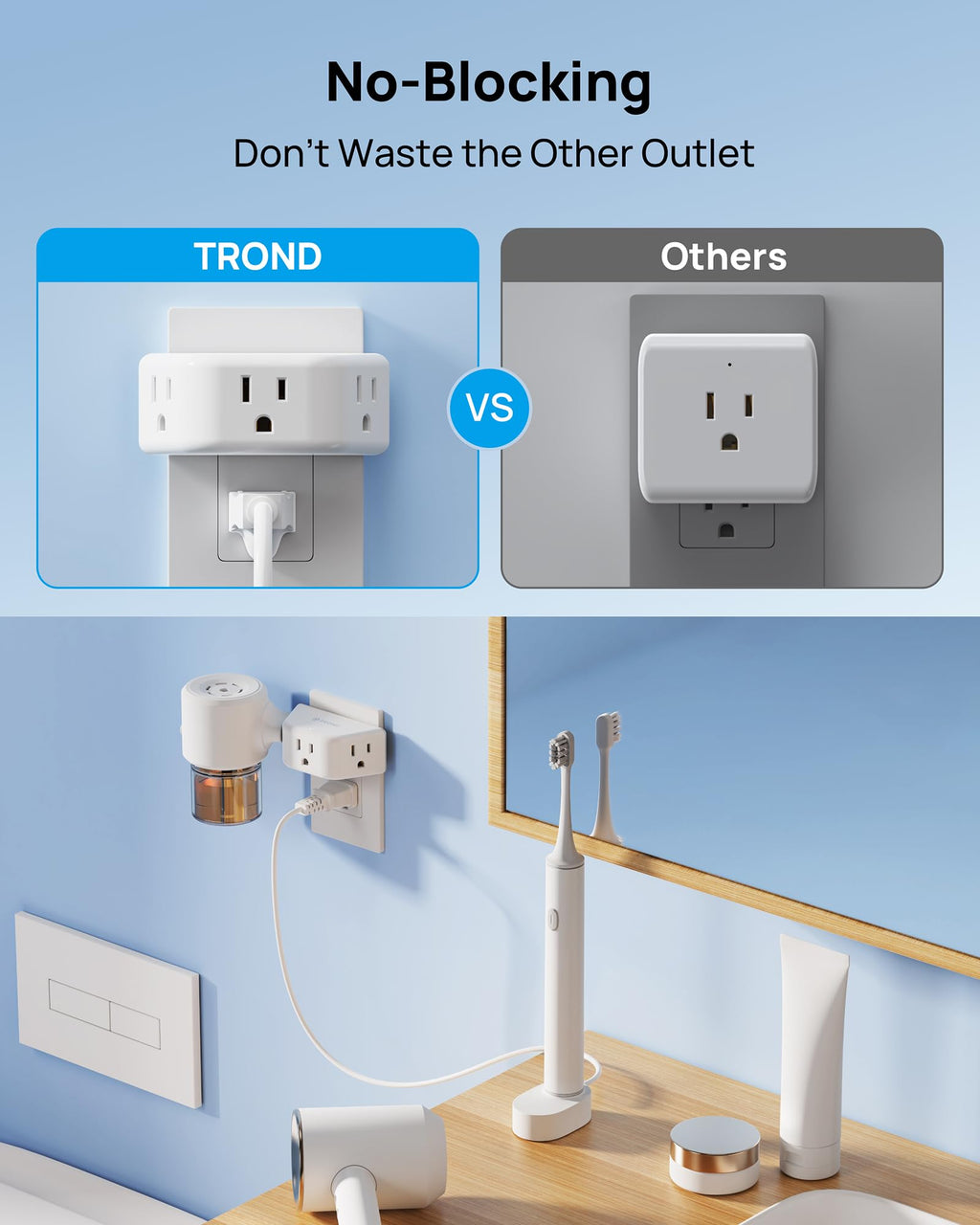 TROND Multi Plug Outlet Extender with USB, 2 Pack Plug Splitter