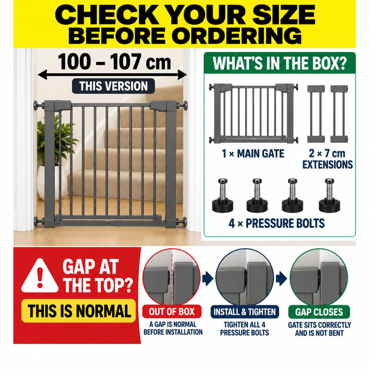 For Your Little One Pressure Fit Safety Stair Gate – No Screws Needed | One-Hand Opening | Secure Baby & Pet Gate for Stairs, Doorways & Hallways (Grey, 7 cm Extension Only)