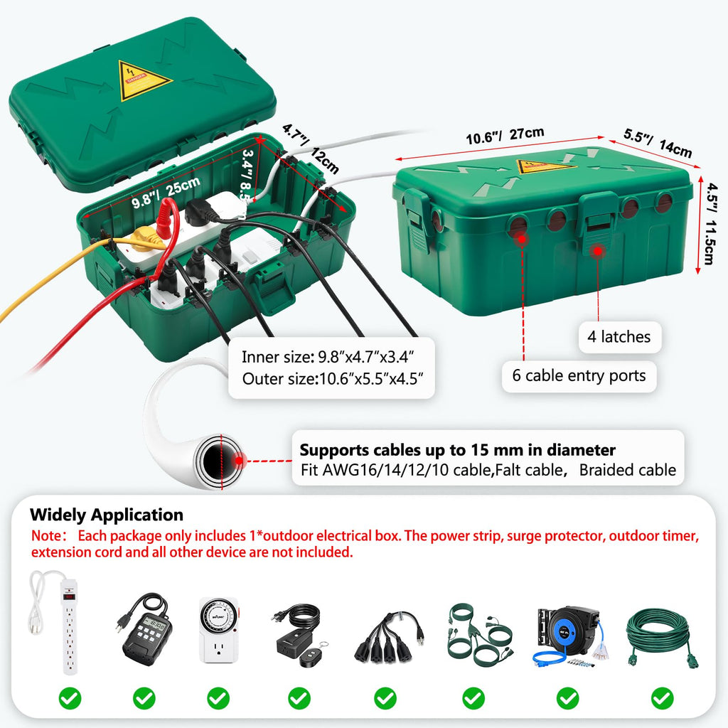 Hrensaw Medium Outdoor Electrical Box(10.6x5.5x4.5inch),Weatherproof Connection Box w/6 Cable Entry,IP54 Waterproof Extension Cord Cover Protect Power Strip,Timer,Plug,Holiday Lights,Black