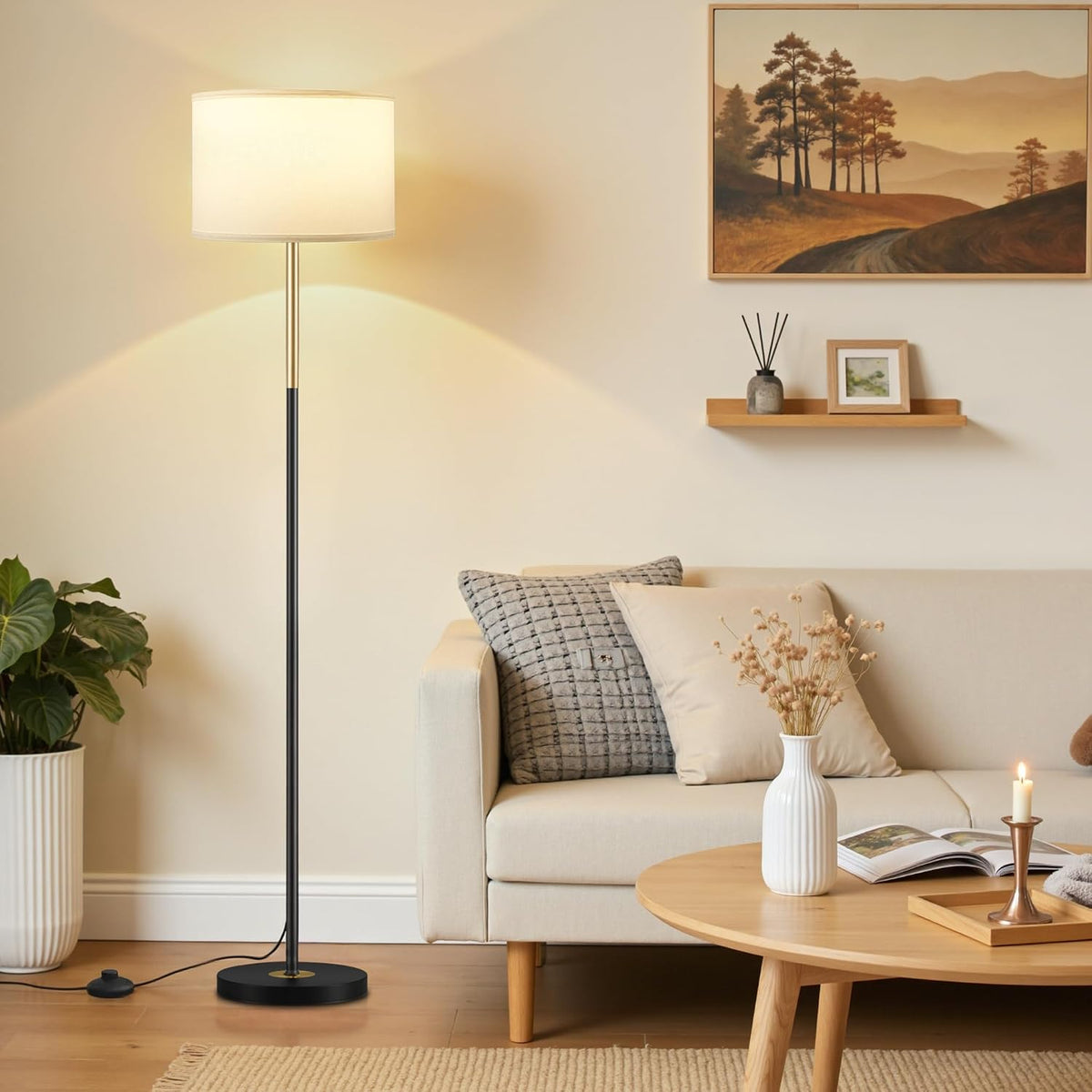 Ambimall Floor Lamp for Living Room with Smart Light Bulb, RGB + Stepless Dimmable Colors Temperature & Brightness(White Shade & Black Pole)