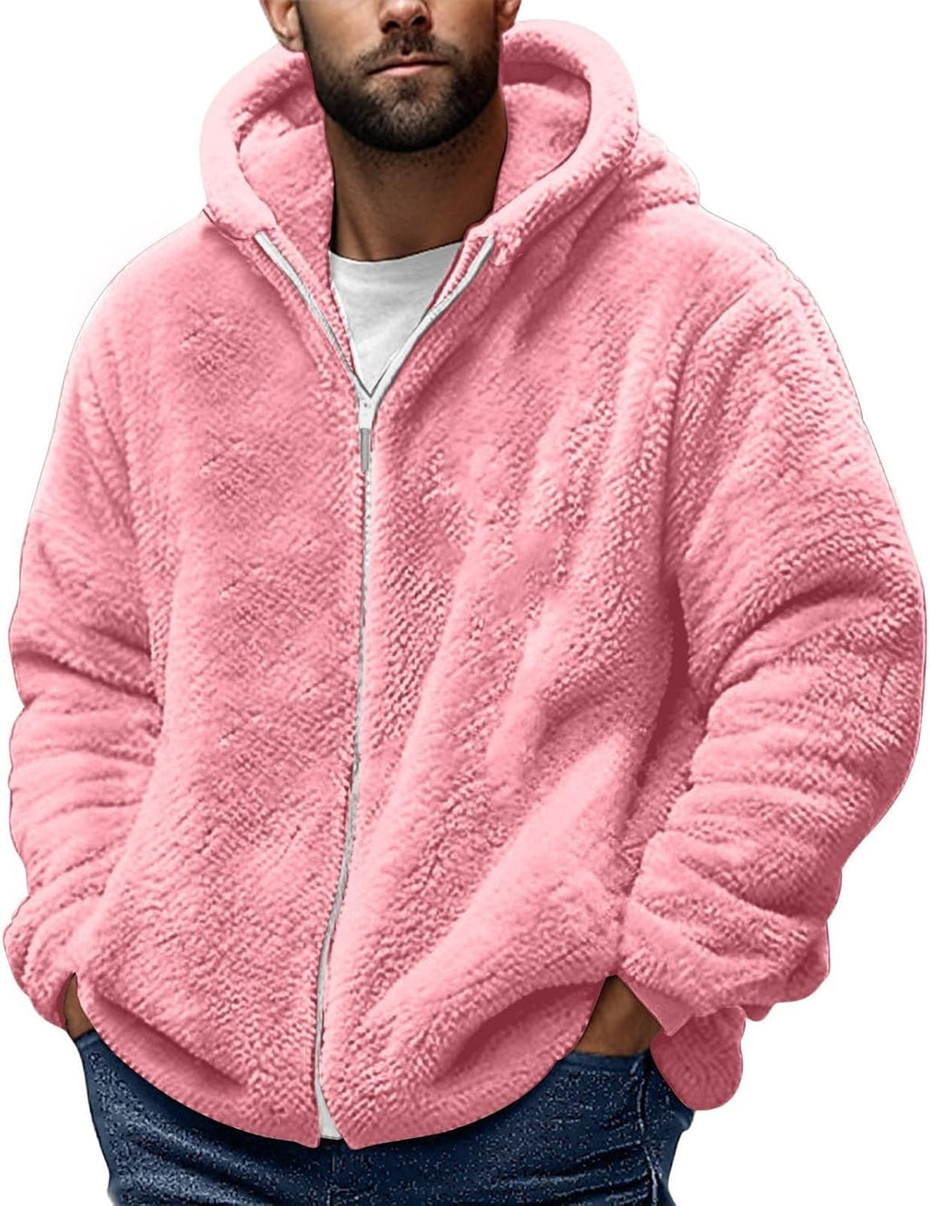Teddy Fleece Jacket Mens, Full Zip Up Hoodies Long Sleeve Sherpa Fleece Winter Coats Fluffy Warm Jackets Thick Plush Oversized Hoodie Thermal Hooded Jumper Coat Cozy Cardigan Plus Size