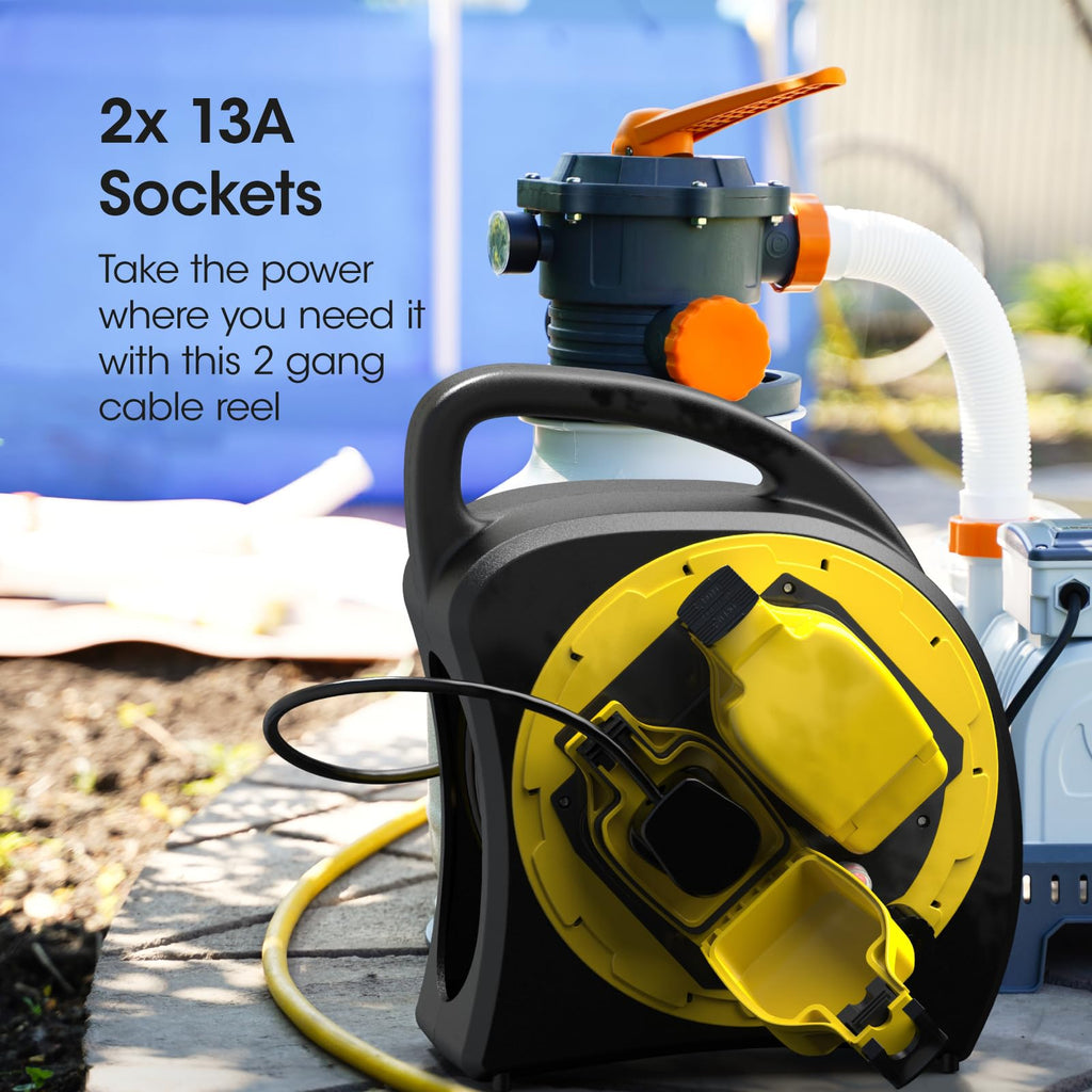 SLx Outdoor Extension Lead Waterproof, 20m, 2 Socket Extension Reel, Heavy Duty Extension Cable, Thermal Cut Out, IP54 Rated, Double Socket, UK Outdoor Plug, Extension Lead for Christmas Lights Garden