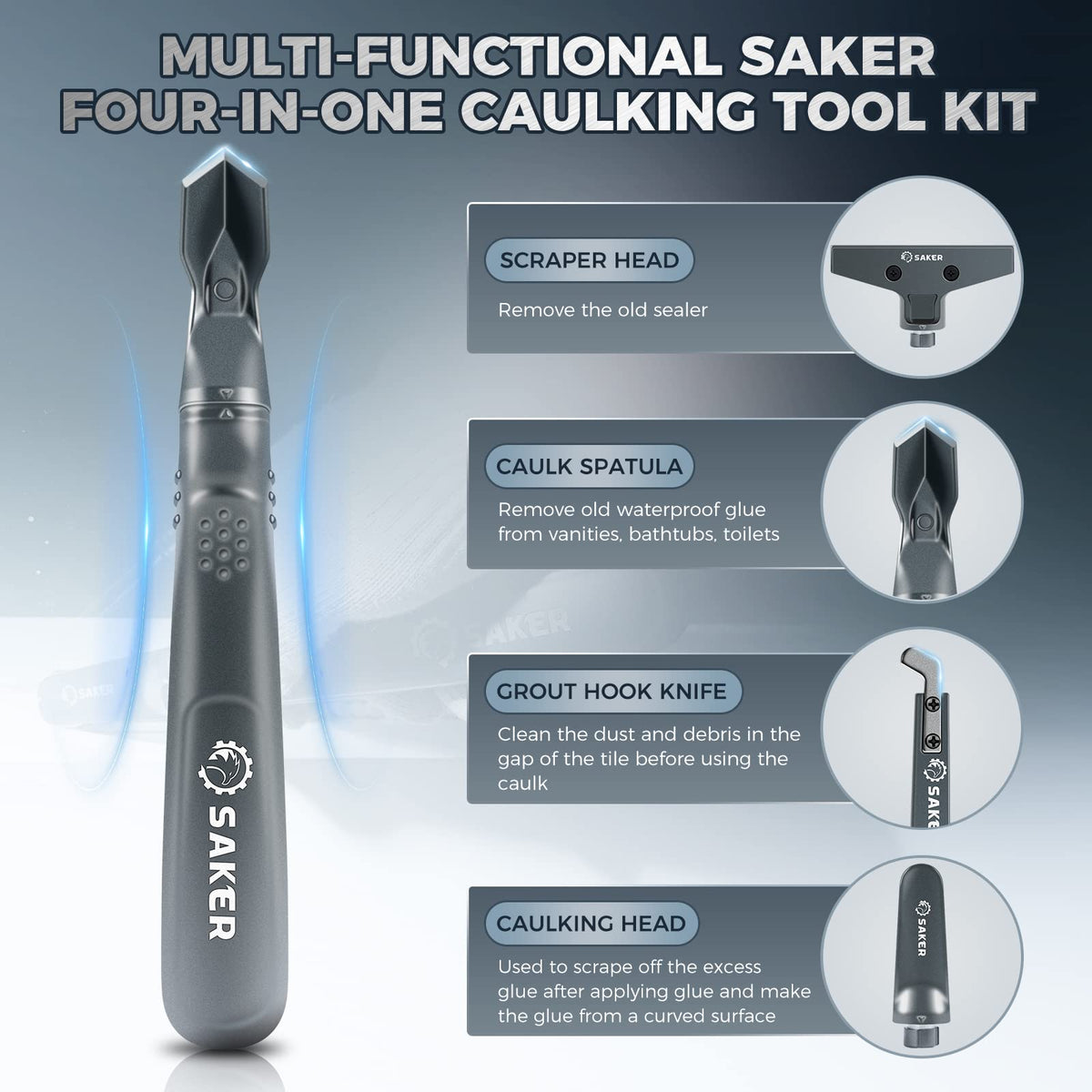 Saker Silicone Caulking Tool 3-in-1 Grout Removal Tool Classic Black