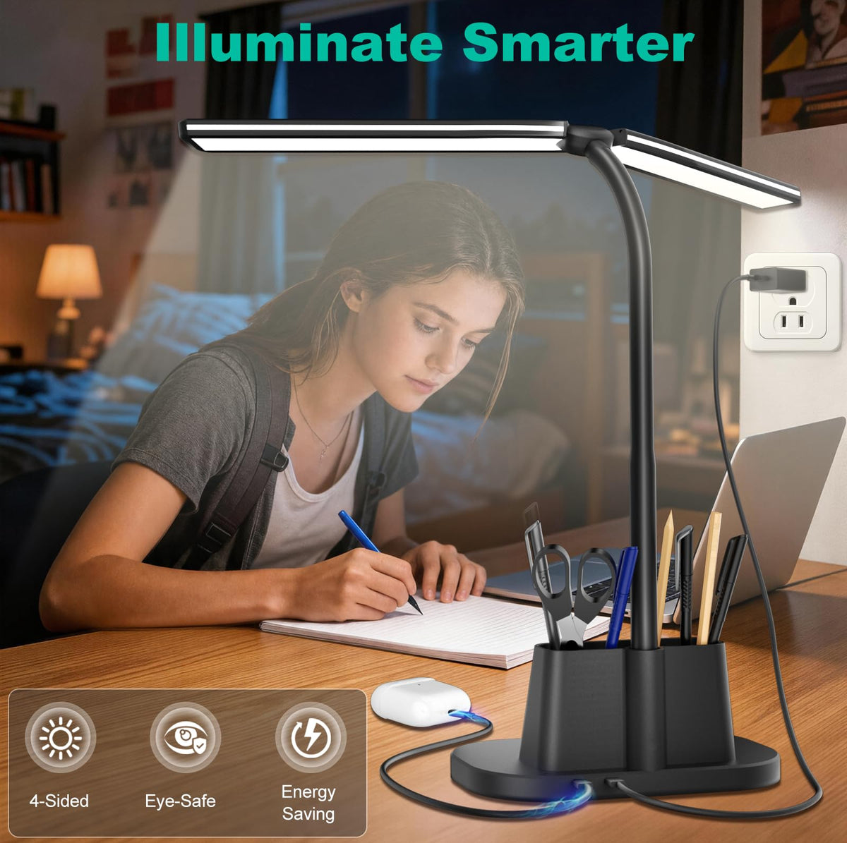 Airlonv LED Desk Lamp with Clamp, 17" Stepless Dimming Light, Black