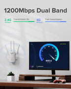 2026 Newest1 WiFi Booster Range Extender 1200Mbps WiFi Extender Booster Dual Band 5GHz & 2.4GHz Wireless Internet Booster/Hotspot with Wider Coverage, Broadband Extender, UK Plug