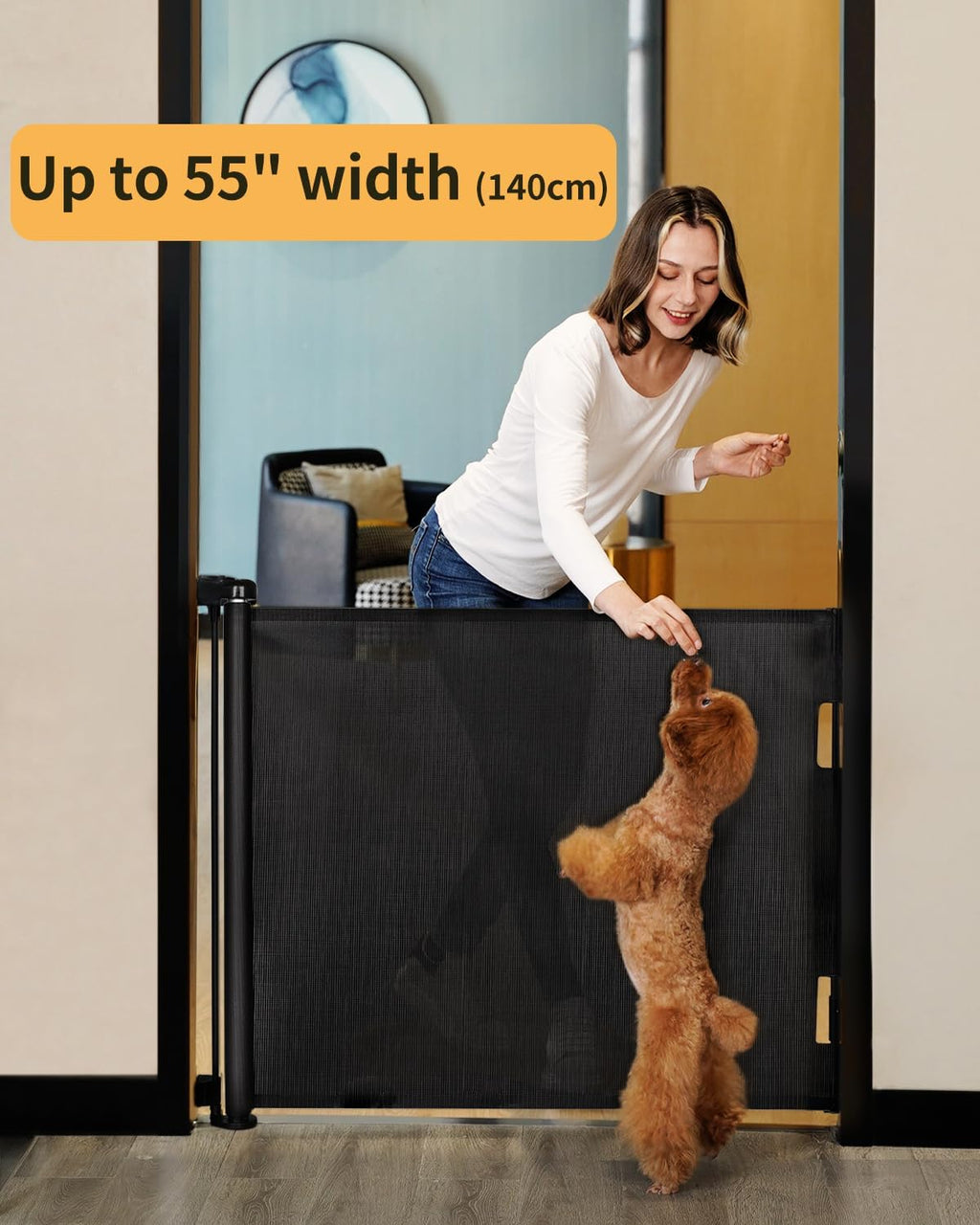 Retractable Mesh Baby & Dog Gate for Stairs, 86cm Tall x 140cm Wide, Black