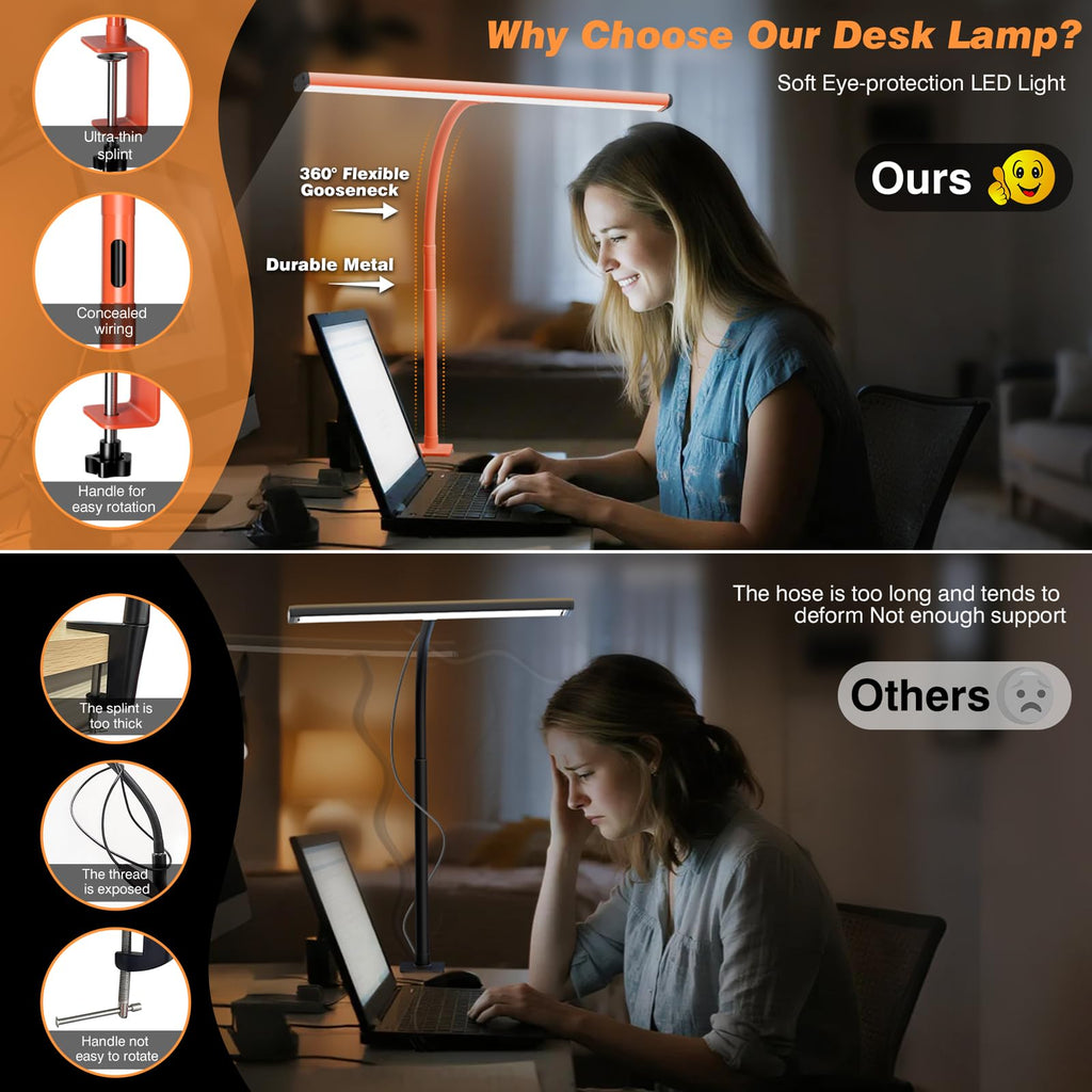 Airlonv LED Desk Lamp with Clamp, 17" Stepless Dimming Light, Black