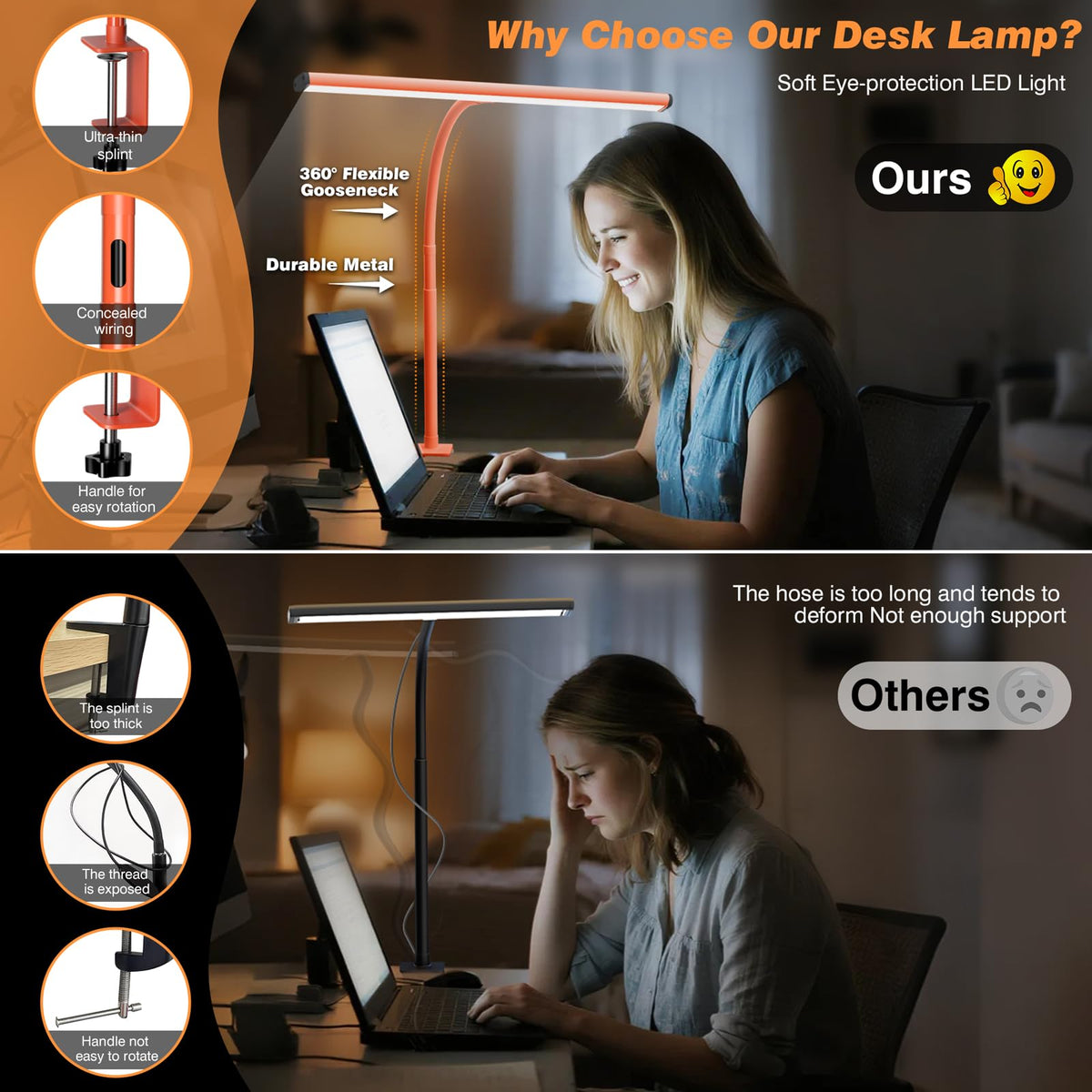 Airlonv LED Desk Lamp with Clamp, 17" Stepless Dimming Light, Black