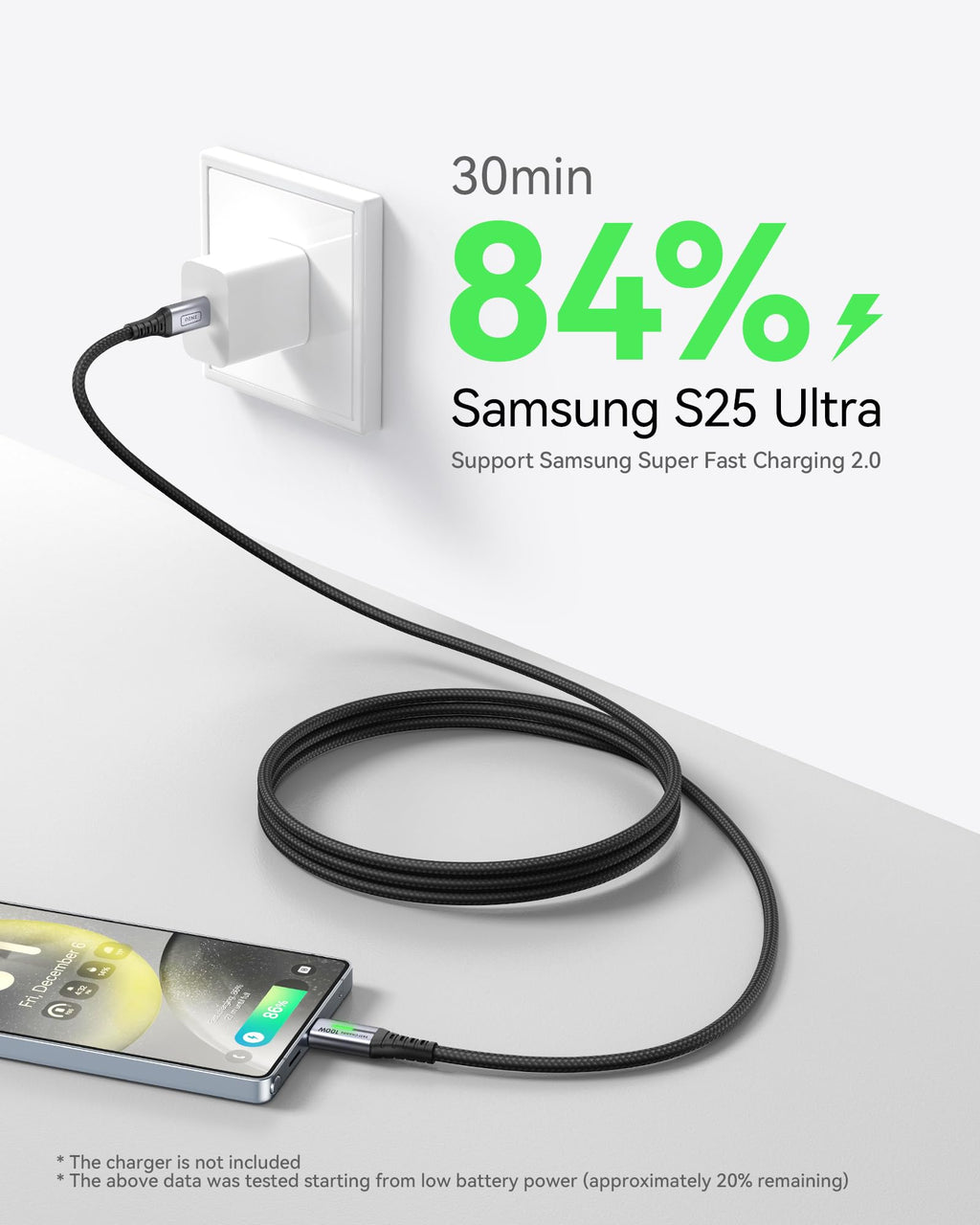 INIU USB C Cable, 2m White 100W Fast Charging Type C Cable