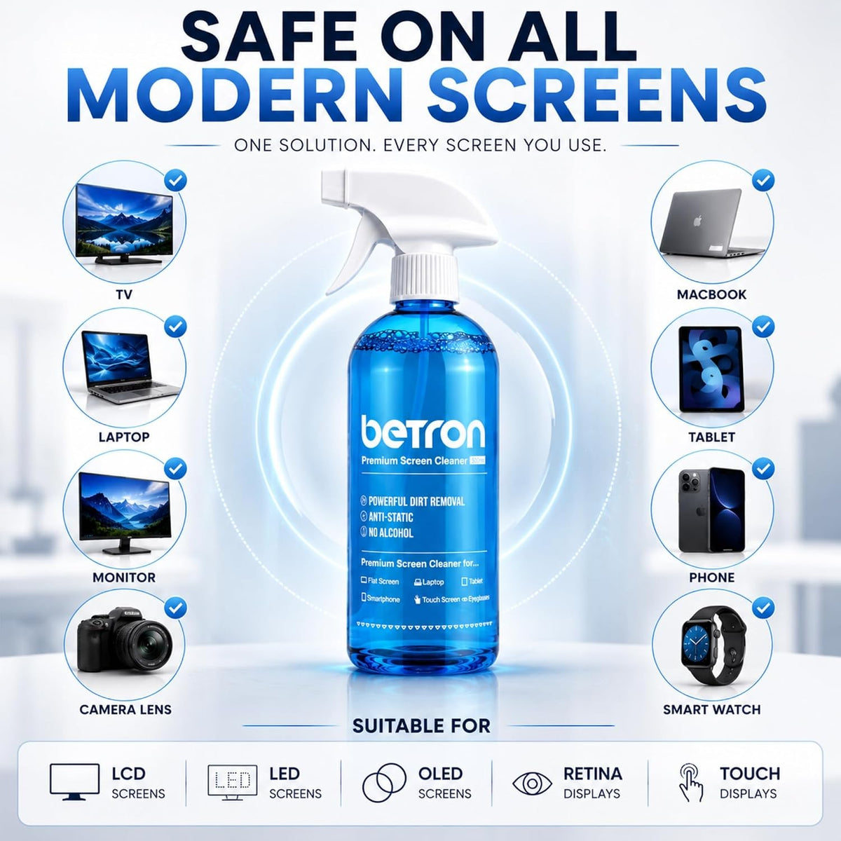 Betron Screen Cleaner Spray Kit with Cloth for TV, Laptop, Monitor, 500ml