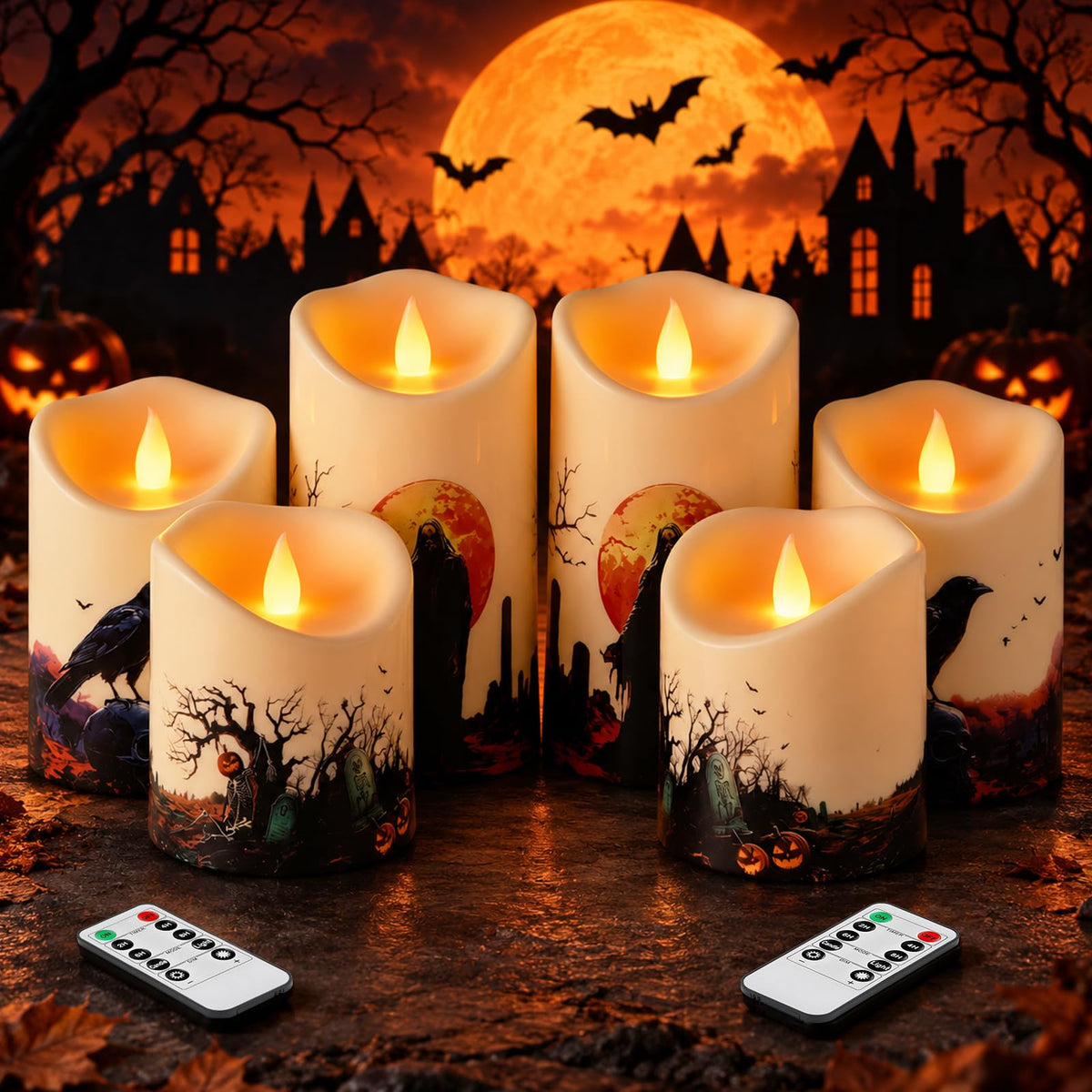 Outdoor Flameless Candles, Patented 3D Dual-LED, Set of 2 Slanted Plastic Pillars with Remote, Waterproof Non-Melting Battery Operated Decor for Bathroom Bedroom Gift, Black (D3 x H6)