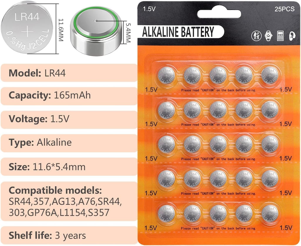 25 PCS LR44 AG13 357 303 SR44 A76 Battery 1.5V Button Coin Cell Batteries for Small Electronics