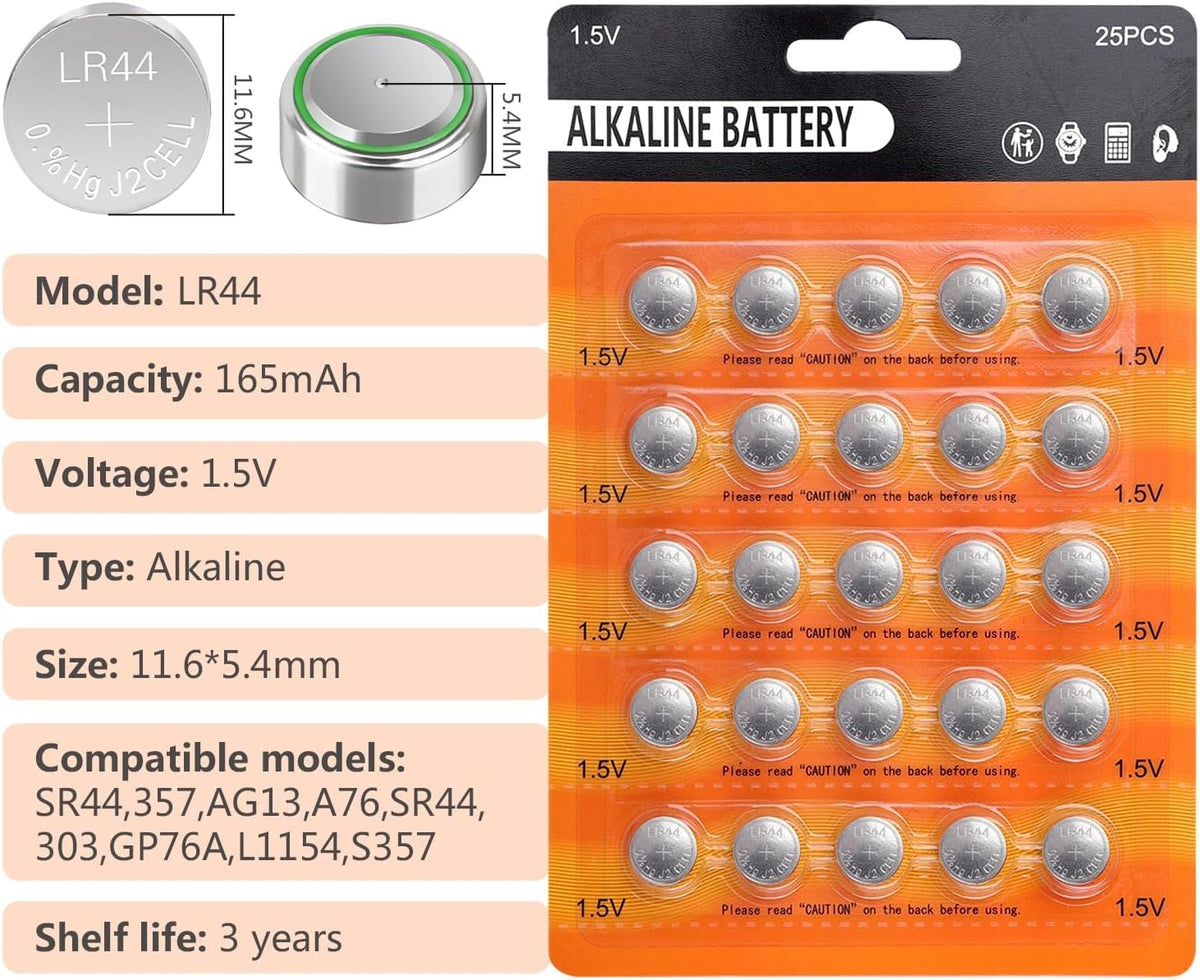 25 PCS LR44 AG13 357 303 SR44 A76 Battery 1.5V Button Coin Cell Batteries for Small Electronics
