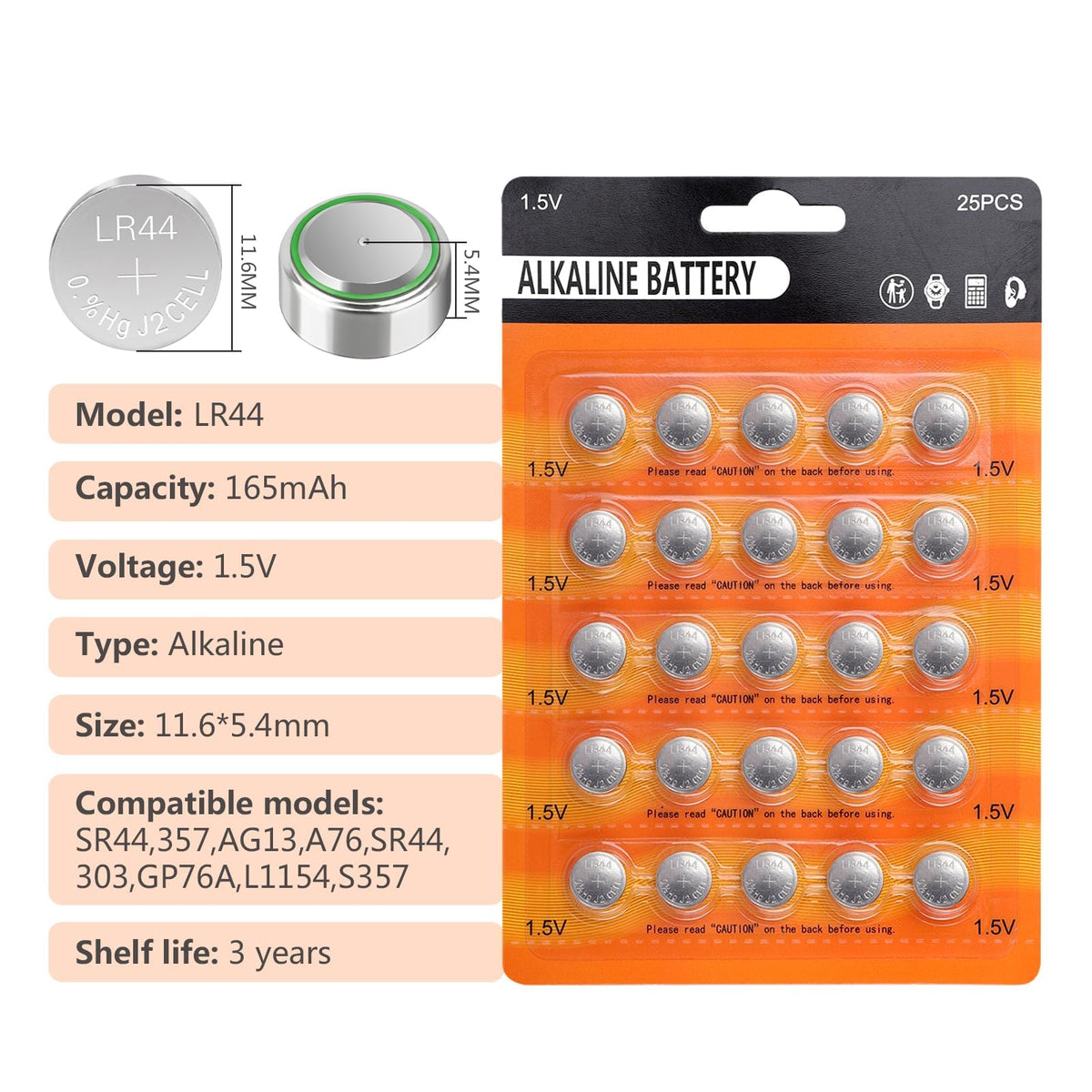 25 PCS LR44 AG13 357 303 SR44 A76 Battery 1.5V Button Coin Cell Batteries for Small Electronics