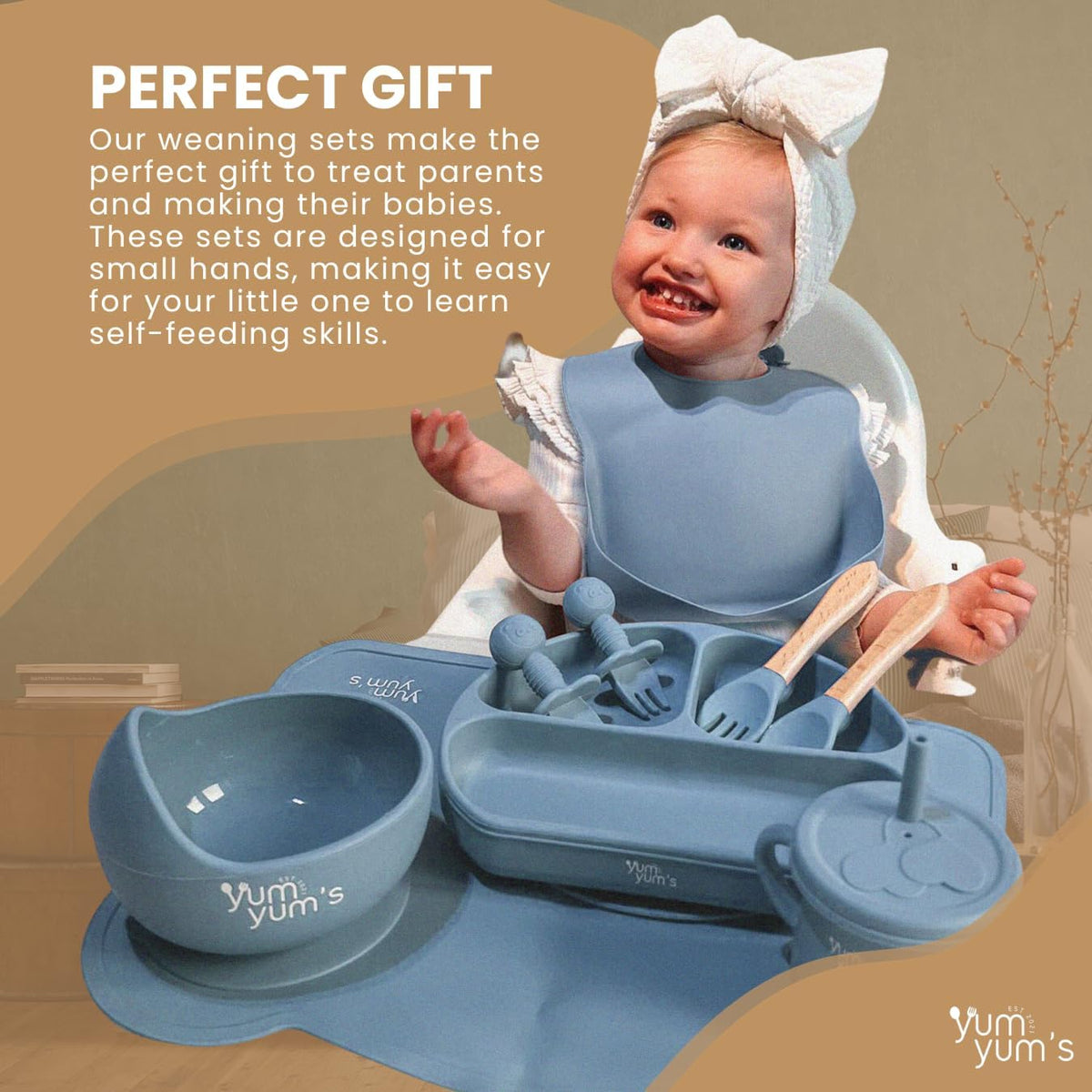 Yum Yum's Baby 10 Pcs Blue Weaning Set - Complete Toddler Feeding Kit w/Sectioned Plate, Suction Bowls, Cutlery with Mouth Guard, Straw Cup, Bib & Mat - Non-Slip - for Toddlers & Baby Gift