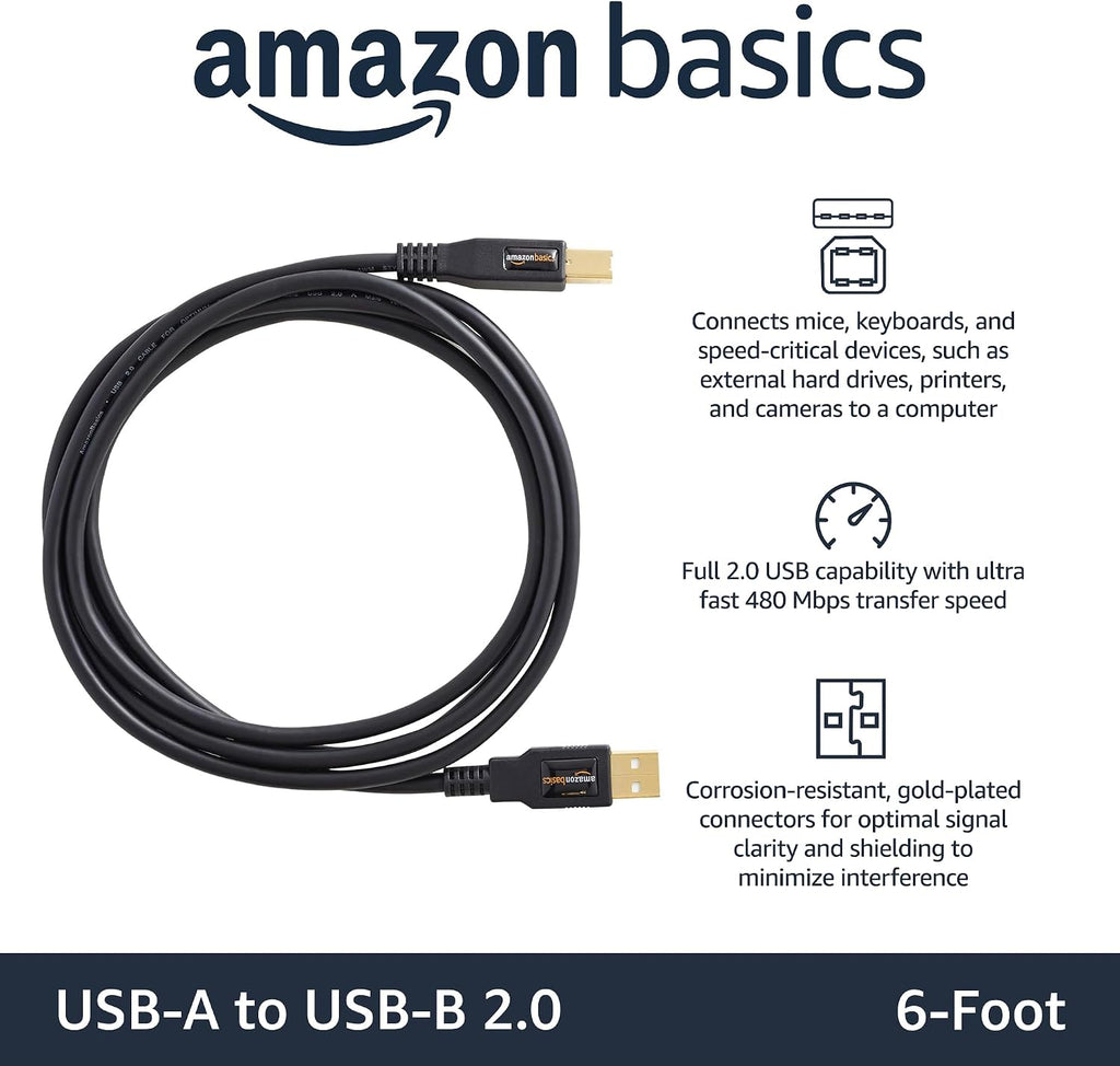 Amazon Basics USB Printer Cable, USB-A to USB-B 2.0, 1.8 m, Black