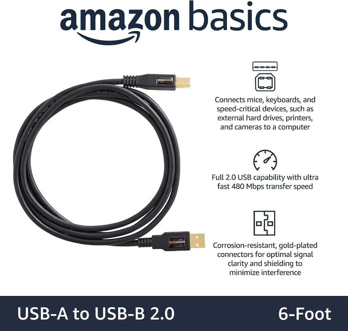 Amazon Basics USB Printer Cable, USB-A to USB-B 2.0, 1.8 m, Black