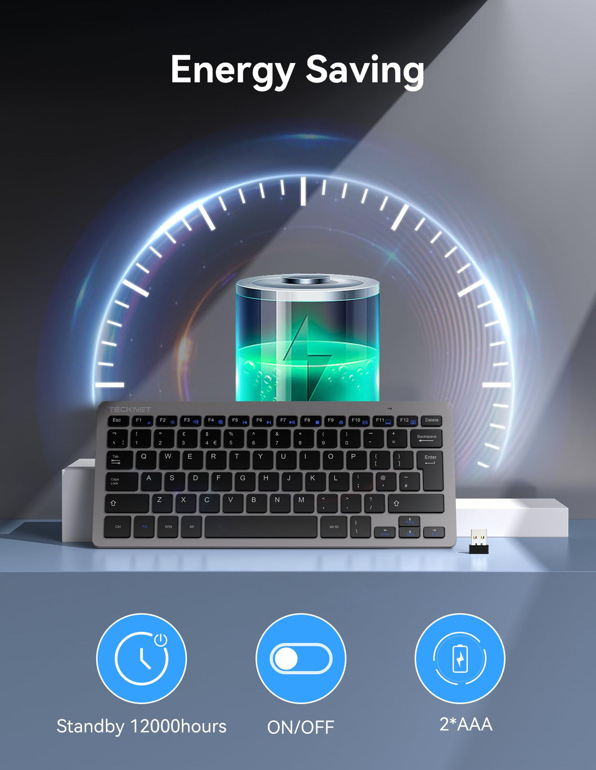 TECKNET 2.4G Wireless Compact Mini Keyboard, UK Layout, White