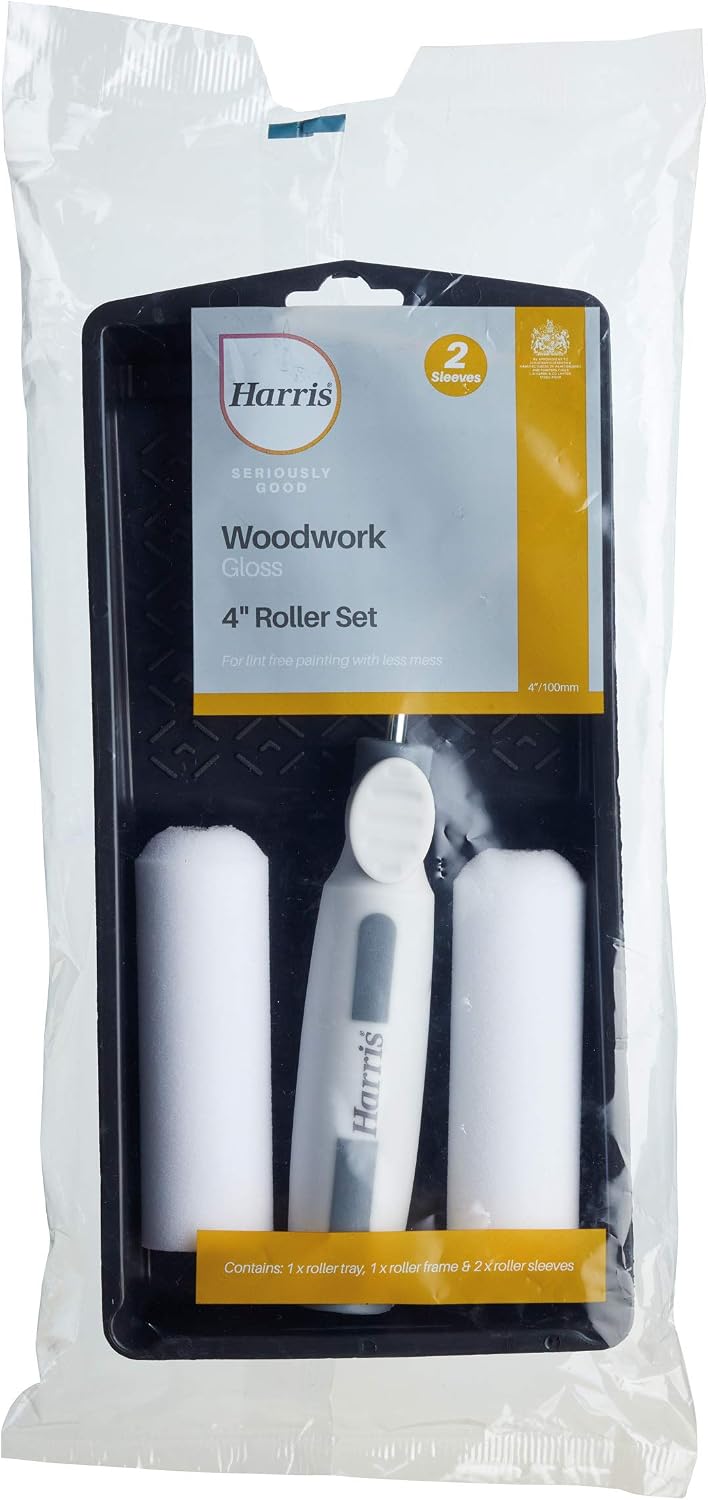 Harris Seriously Good Woodwork Mini Roller Set 4in, Tray, Roller Frame, Gloss Roller Sleeves