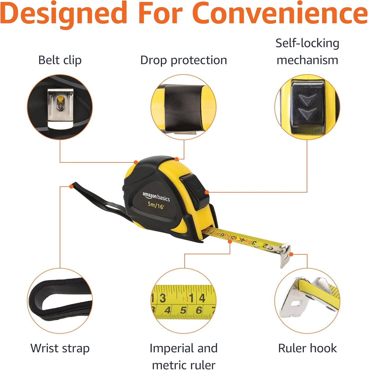 Amazon Basics Self-Locking Tape Measure with Metric Scale, MID Accuracy, 5 m (1-Pack), Black, Yellow