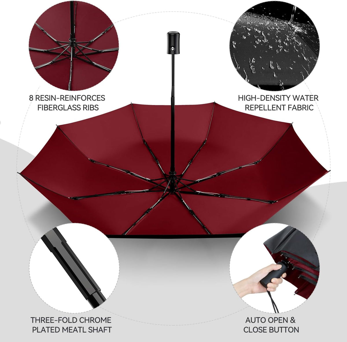 TechRise Umbrella, Compact Strong Windproof Automatic Umbrellas, Folding Lightweight, Portable Travel Golf Umbrella for Rain
