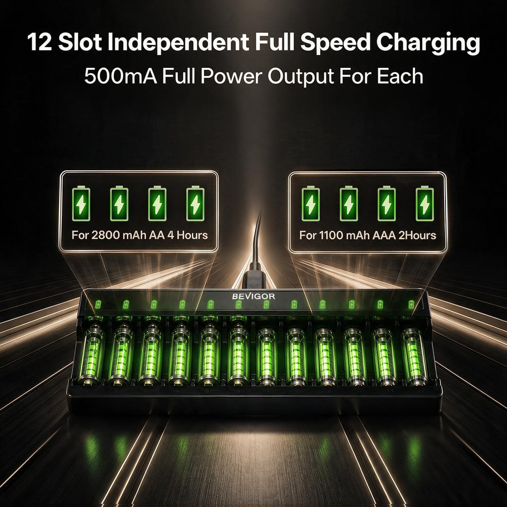 BEVIGOR 12 Slot Battery Charger with 12 Pack AA Rechargeable Batteries