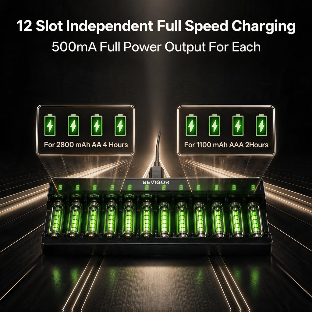 BEVIGOR 12 Slot Battery Charger with 12 Pack AA Rechargeable Batteries