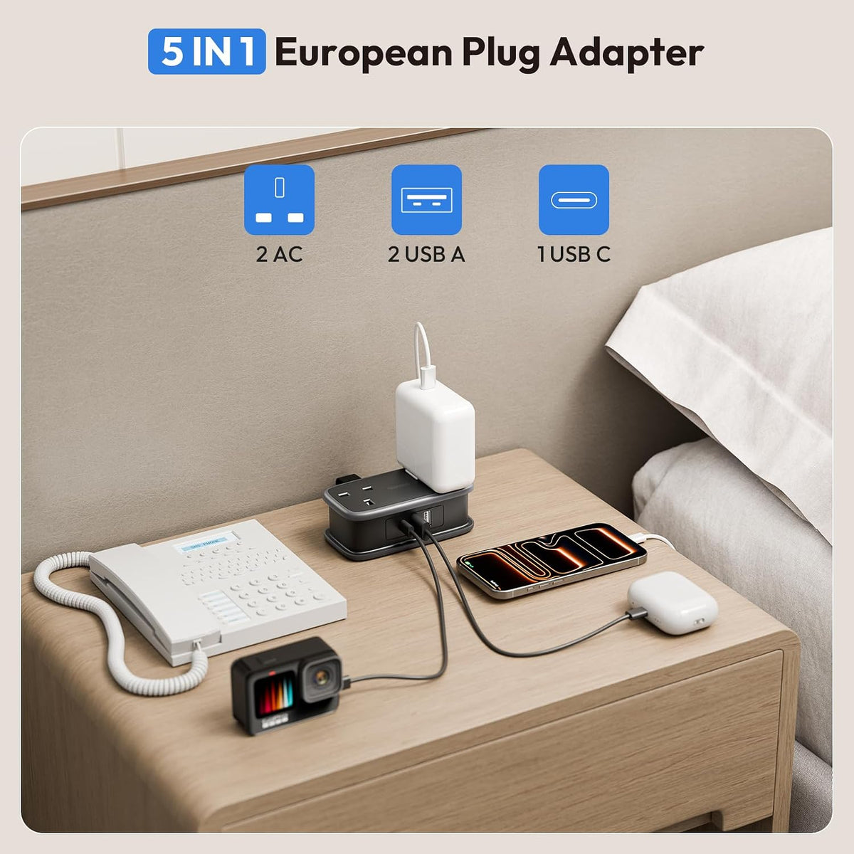 NTONPOWER UK to European Plug Adapter with 1.2M Extension Cable，2 Way Travel Extension Lead with 3 USB(2A+1C) Compact Travel Adapter for Germany France Spain Turkey Greece Iceland etc(Type E/F)