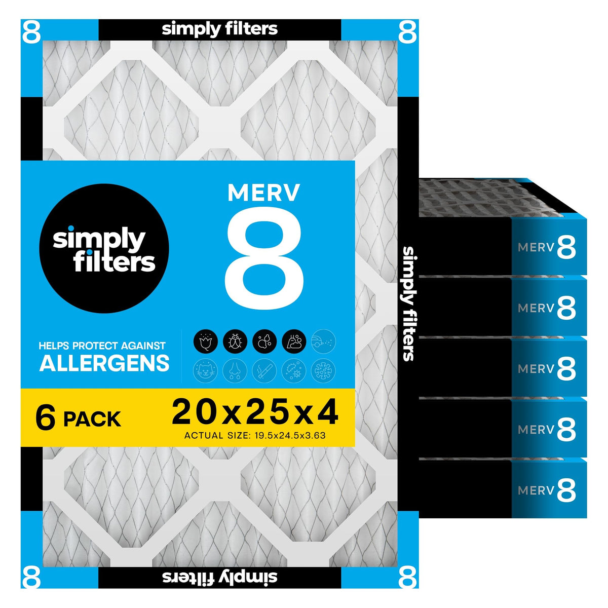 Simply 20x20x1 Air Filter, Merv 8, MPR 600, 6 Pack, Furnace Air Filter for HVAC (Actual Size: 19.75"x19.75"x0.75") DUST, Pet, & Allergy Control