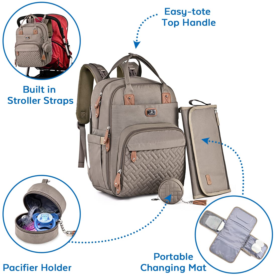 Dikaslon Baby Changing Bag Backpack, Large Nappy Back Pack Multifunction Baby Bags with Portable Changing Mat, Pacifier Holder, and Stroller Straps, for Mom and Dad