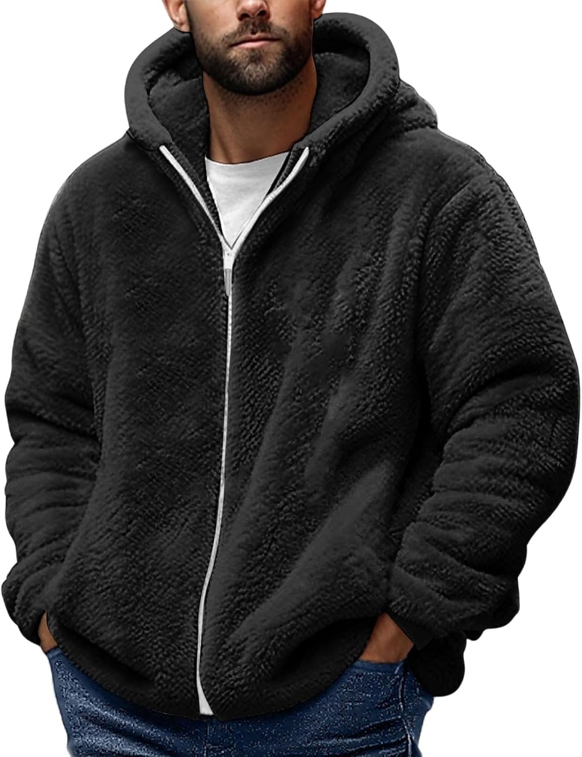 Teddy Fleece Jacket Mens, Full Zip Up Hoodies Long Sleeve Sherpa Fleece Winter Coats Fluffy Warm Jackets Thick Plush Oversized Hoodie Thermal Hooded Jumper Coat Cozy Cardigan Plus Size