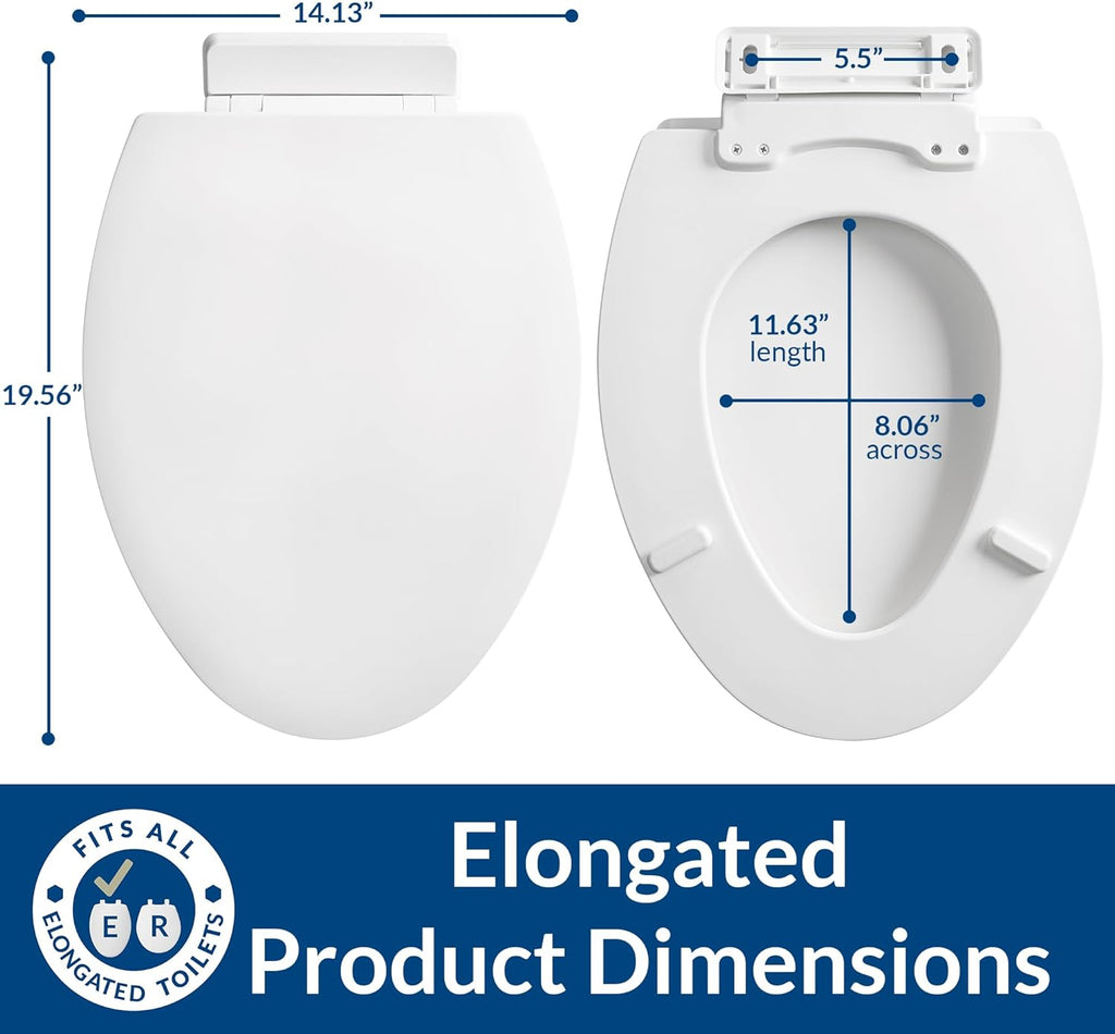 Mayfair Linden Slow Close Toilet Seat, Non Slip Heavy Duty Wood, Easy Install, Elongated, White