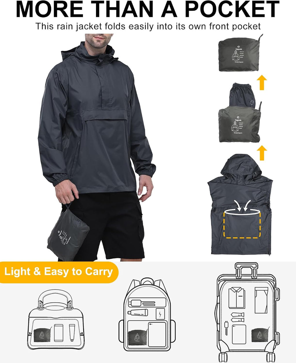 Outdoor Ventures Men's Waterproof Rain Jacket Packable Hooded Pullover