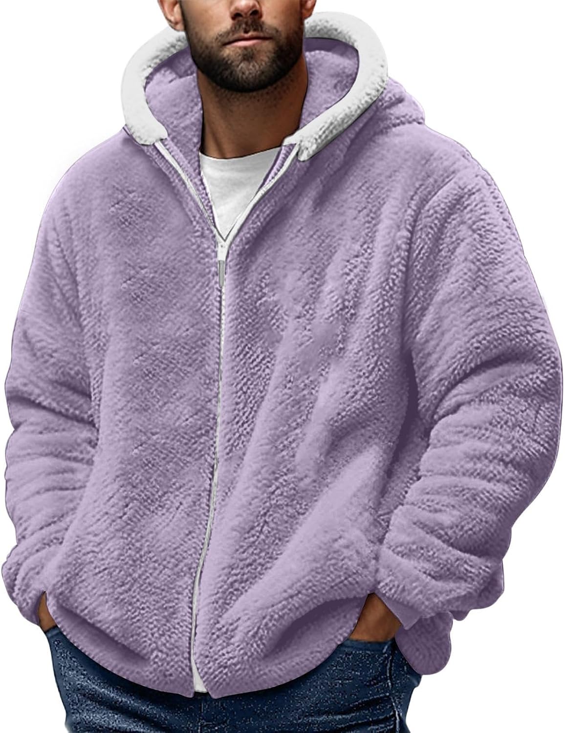 Teddy Fleece Jacket Mens, Full Zip Up Hoodies Long Sleeve Sherpa Fleece Winter Coats Fluffy Warm Jackets Thick Plush Oversized Hoodie Thermal Hooded Jumper Coat Cozy Cardigan Plus Size