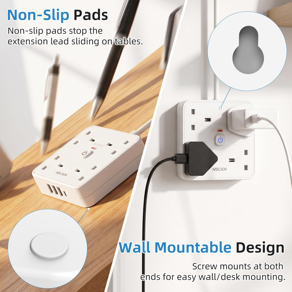 3M 4 Way Extension Lead with 4 USB Slots (1 USB-C + 3 USB-A), Mscien White Wall-Mounted Extension Socket with Switch and LED Indicator for Living Room, Bedroom, Kitchen, Office