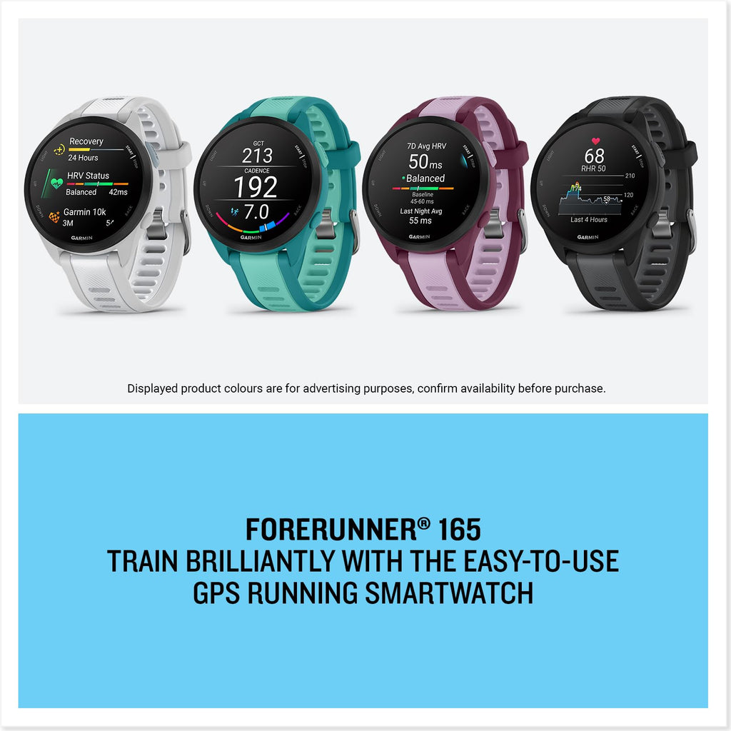 Garmin Forerunner 165, 43mm GPS running smartwatch, lightweight, AMOLED touchscreen, advanced training, insights & features, safety & tracking features, up to 11 days battery life, Black