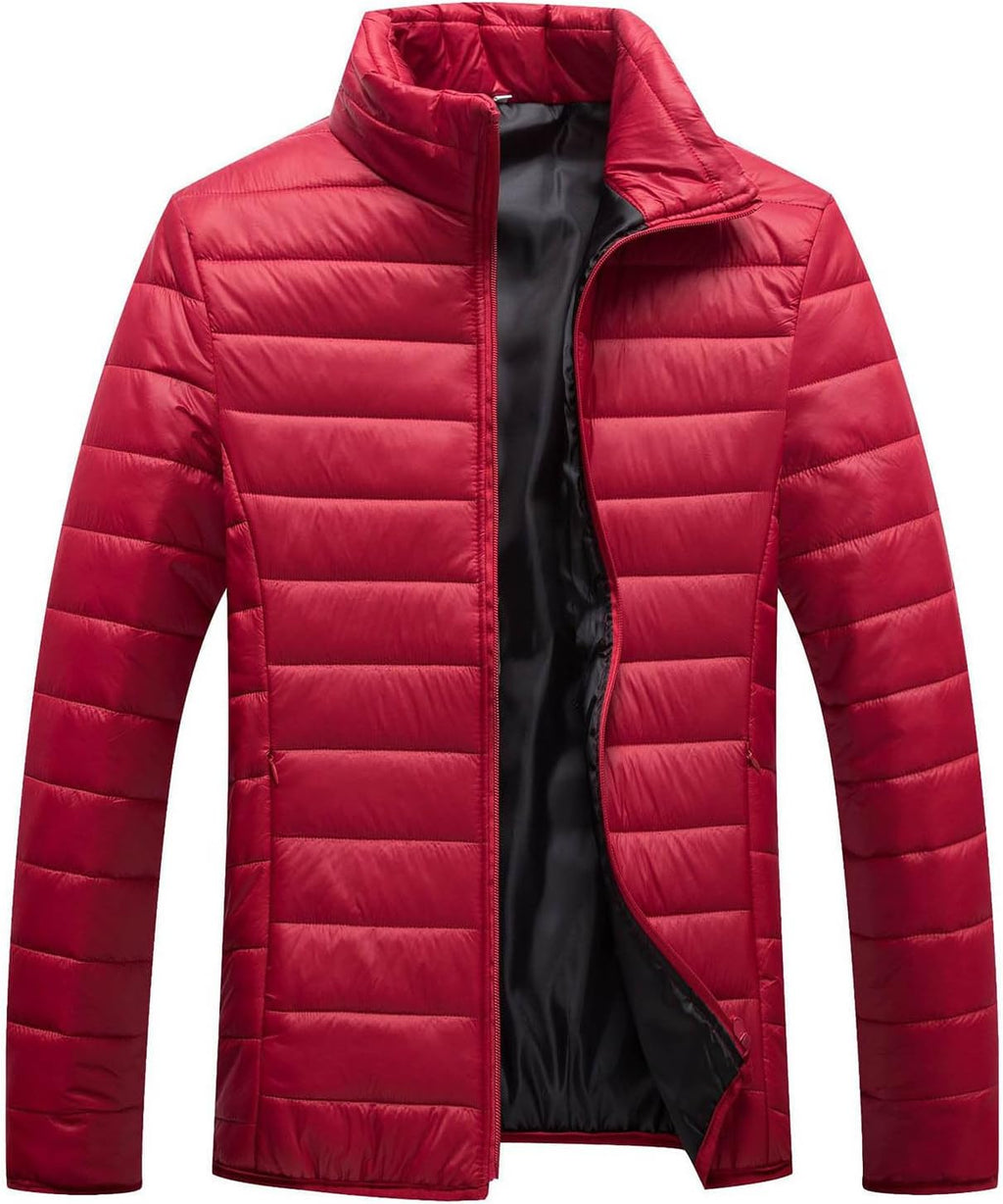 Men Winter Warm Down Jacket Long Sleeve Quilted Coats Casual Puffer Jackets Mens Outdoor Ski Hiking Windproof Stand Collar Full Zip Outwear Solid Color Thermal Coat