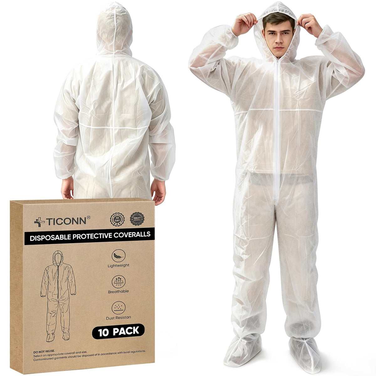 TICONN Hazmat Suit Disposable Coveralls, Full Body Lab Overall Paint Suit