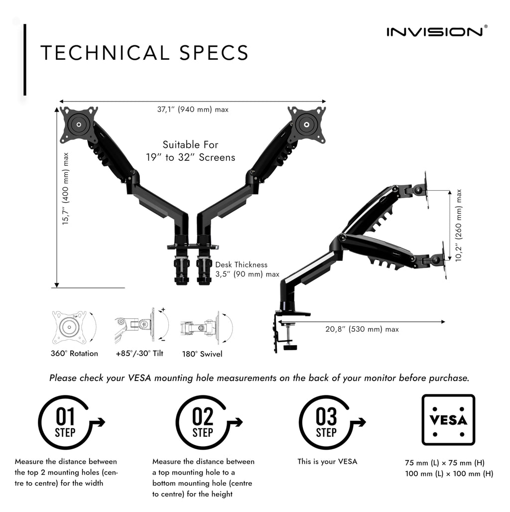 Invision Monitor Arm Desk Mount for 19-32 Inch Screens - VESA 75/100mm Desk Clamp Stand - Tool Free Height Adjustment with Tilt Swivel Rotate - Increased Load Capacity from 2-9kg MX200 Single Arm