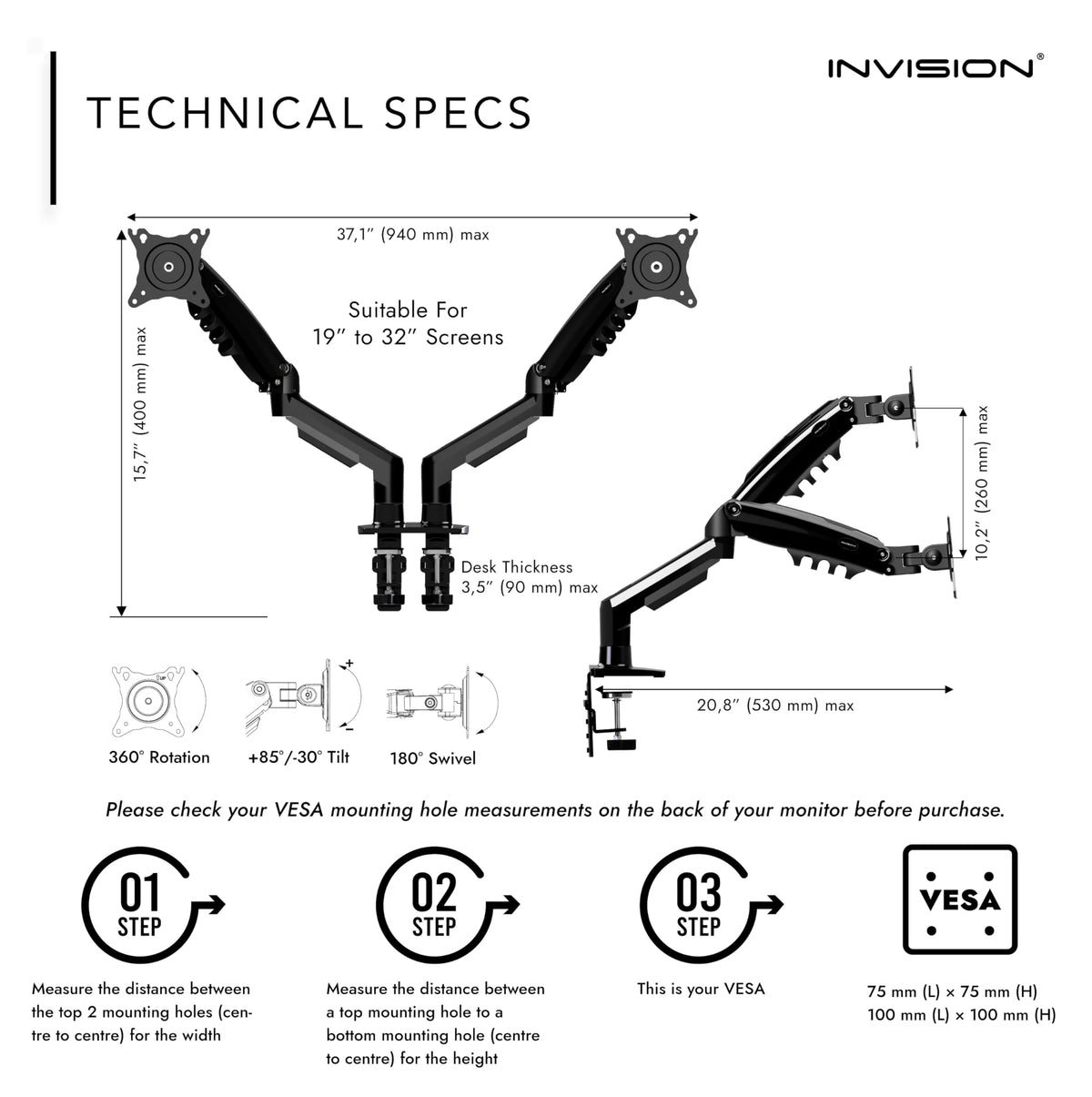 Invision Monitor Arm Desk Mount for 19-32 Inch Screens - VESA 75/100mm Desk Clamp Stand - Tool Free Height Adjustment with Tilt Swivel Rotate - Increased Load Capacity from 2-9kg MX200 Single Arm